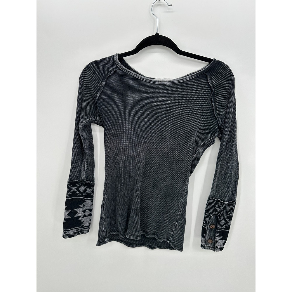Able Womens Waffle Knit Thermal Top XS Gray Long Sleeve Southwest Boho